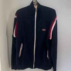 Vans Men's navy blue Zip-Up Sweater with Red and White Stripes

Size L